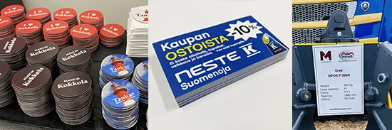 Painettuja lasinalusia, k&auml;yntikortteja ja mainosmagneetteja